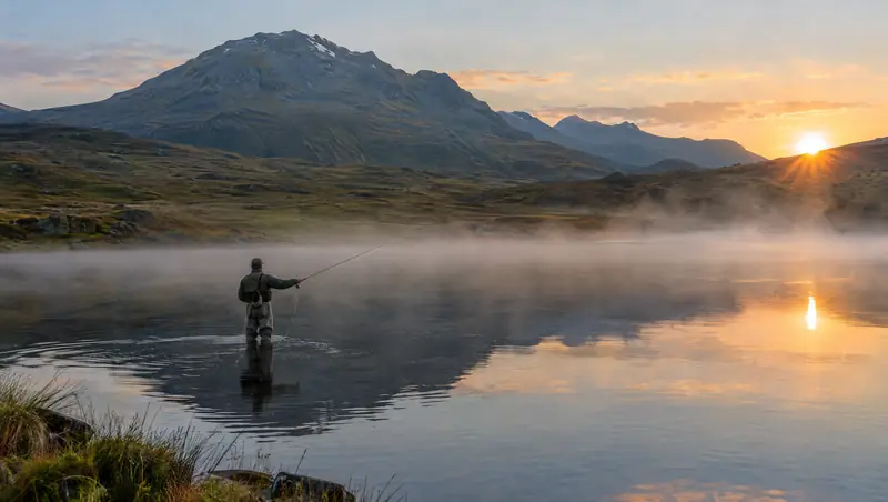 Fly fisherman casting on a misty highland trout dam at sunrise
