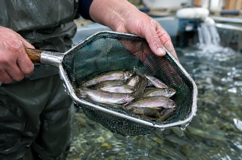 Hatchery worker holding a net of rainbow trout fingerlings over a clear water tank
