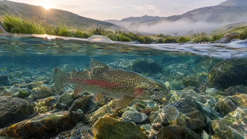 Rainbow trout over river gravel in clear, cold highland stream water