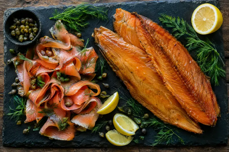 Cold-smoked trout ribbons and hot-smoked trout fillets on a slate board with dill and lemon
